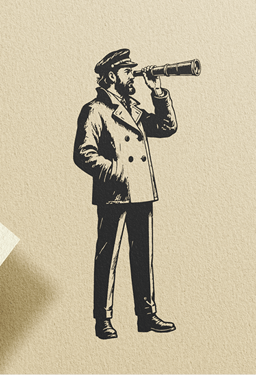 Ilustração de faroleiro observando o horizonte com uma luneta